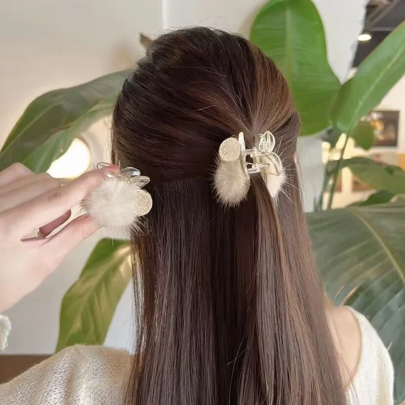 毛毛抓夹小号半扎前额刘海后脑勺头发夹子甜美毛球樱桃抓夹头饰女