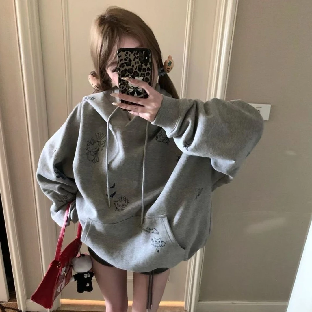 韩系灰色kitty连帽卫衣女秋冬2024新款加绒加厚oversize套头上衣