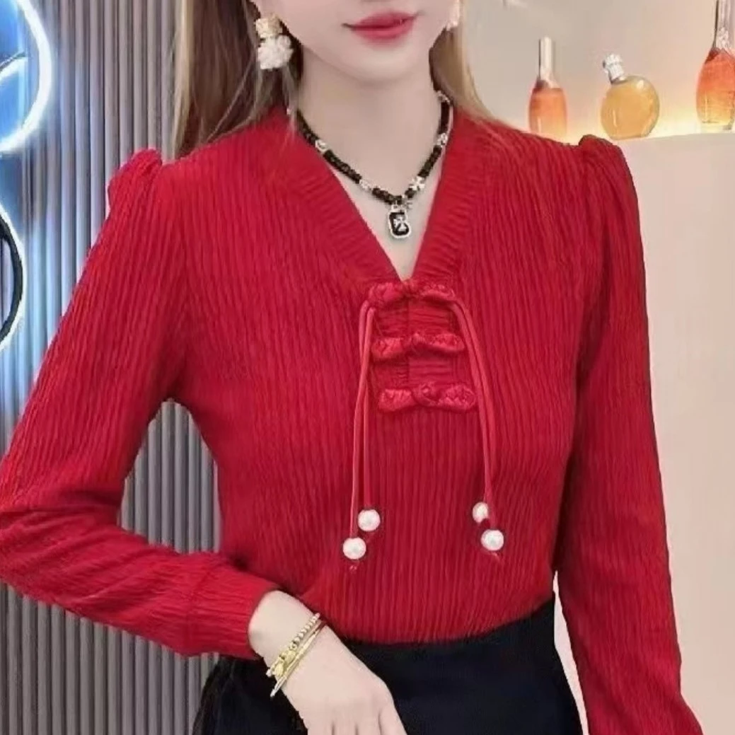 秋季新款中式复古盘扣红色千丝皱气质女V领百搭褶皱小衫长袖打底