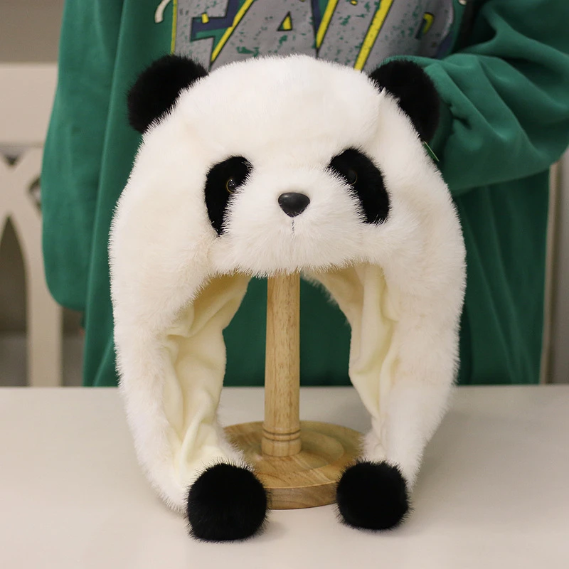 正版仿水貂毛大熊猫花花毛绒玩具加厚帽子儿童成人帽成都基地同款