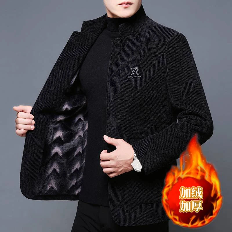 培蒙中青年男士加绒加厚冬款爸爸中山装时尚百搭简约厚款外套