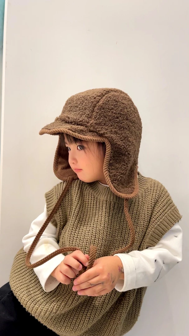 儿童护耳帽秋冬季羊羔毛灯芯绒双面可带系带潮童宝宝inc穿搭帽子