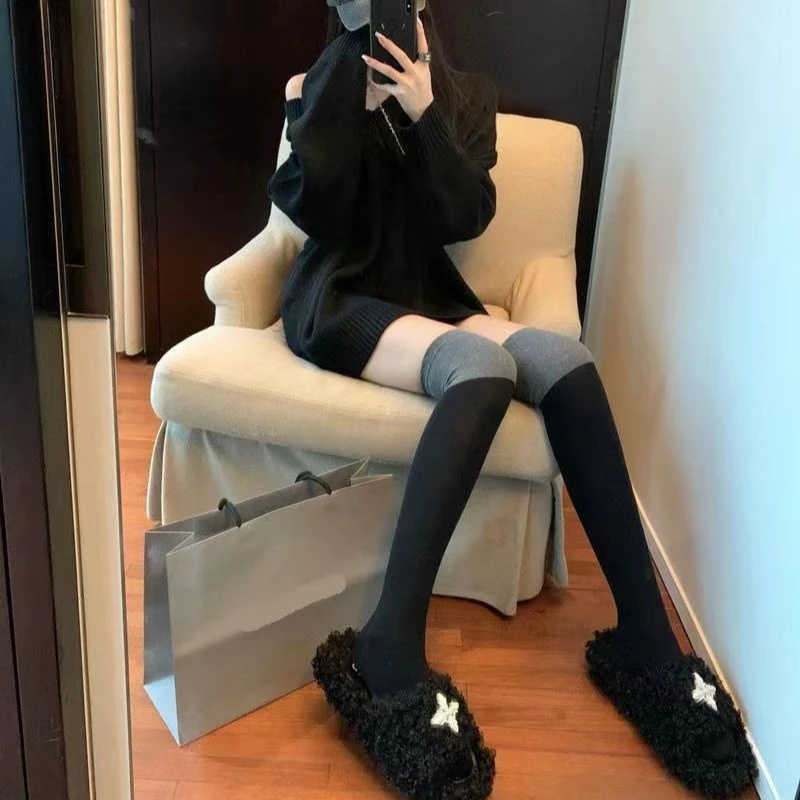 【新疆包邮】女士袜子秋款创意拼色小腿袜学院风长筒袜ins潮过膝袜