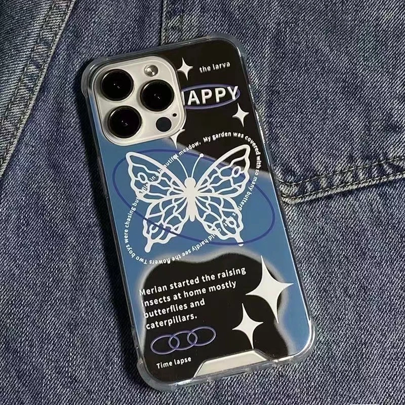 蓝色蝴蝶镜面适用苹果11手机壳iPhone12Promax/14软13大孔xrxs/8P
