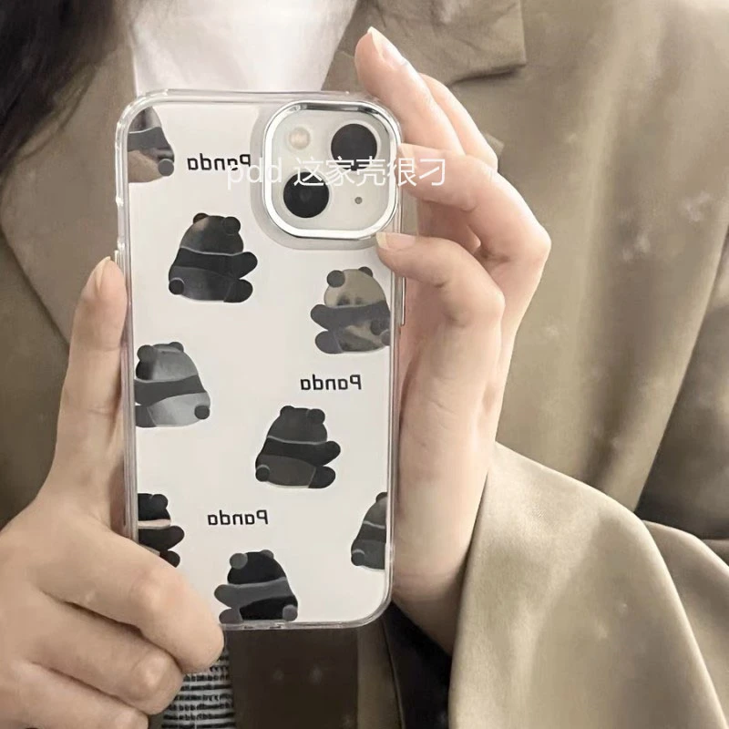 熊猫卡通镜面苹果14promax手机壳iPhone13半包12硬壳11高端奢华xr