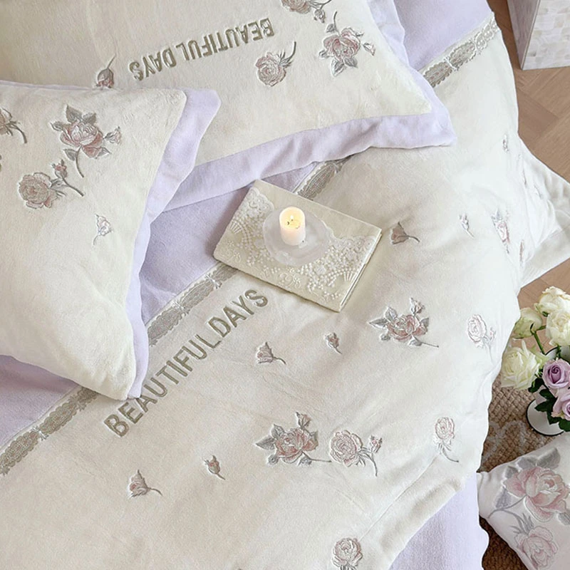 韩国小众浪漫少女心牛奶绒四件套加厚保暖秋冬高级感绣花被套床单