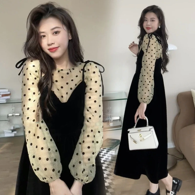 孕妇秋冬装连衣裙春秋季2023新款上衣套装外出时尚两件套波点裙子