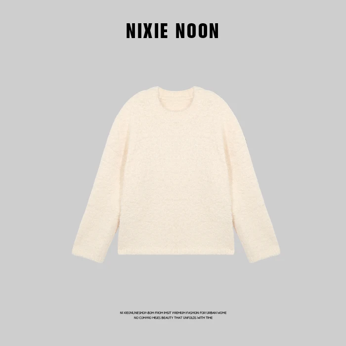 【NIX NOON】慵懒松弛宽松大廓形圆领长袖奶白纯色针织毛衣NX23057