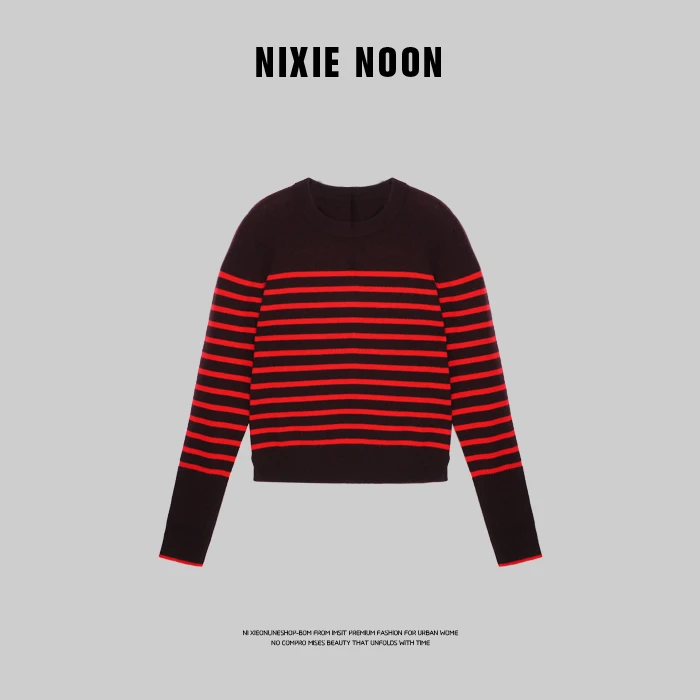 【NIX NOON】法式"波尔多红"复古时髦感圆领条纹撞色毛衣女NX23055