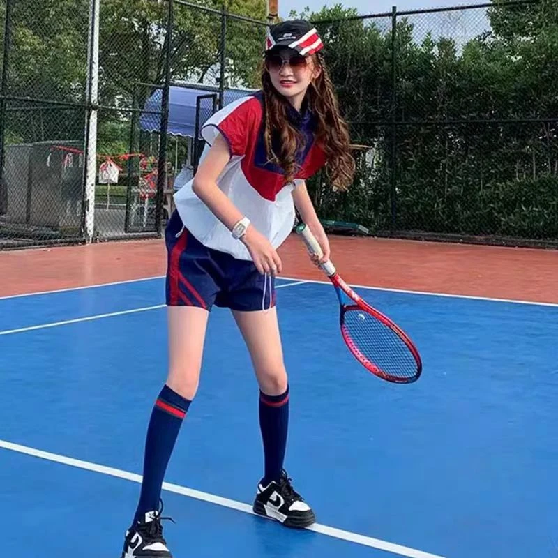 035高级感拼撞色拼接休闲运动套装显瘦落肩短袖套装时尚两件套