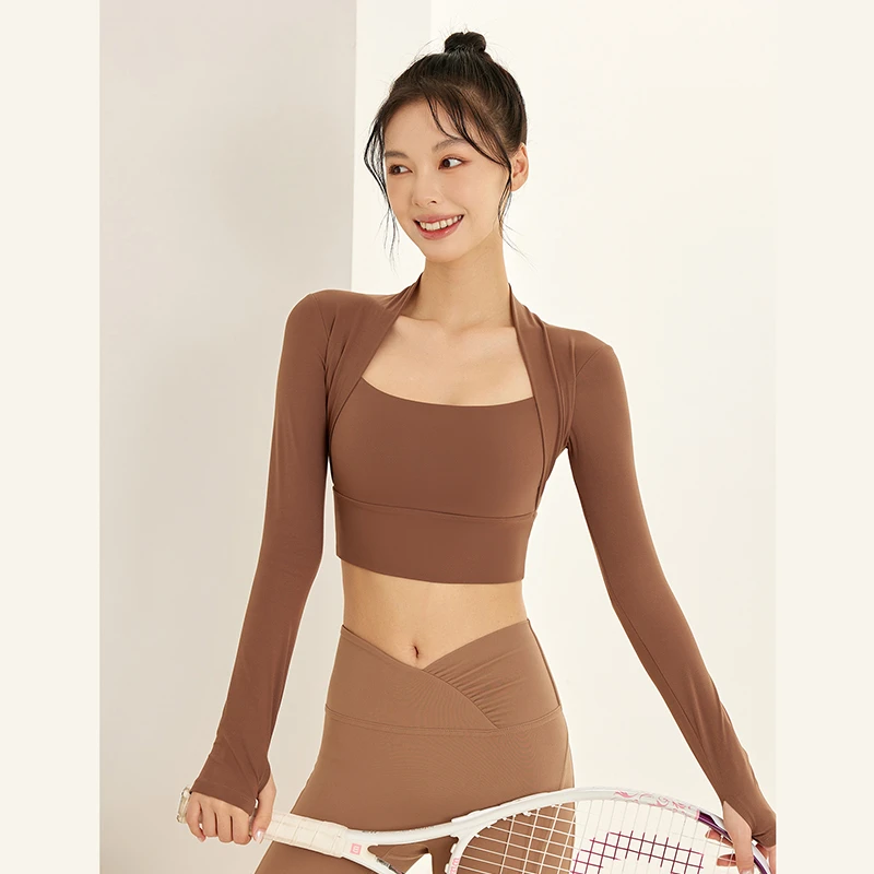 秋季新款带胸垫瑜伽服女长袖假两件紧身显瘦短款健身服运动上衣