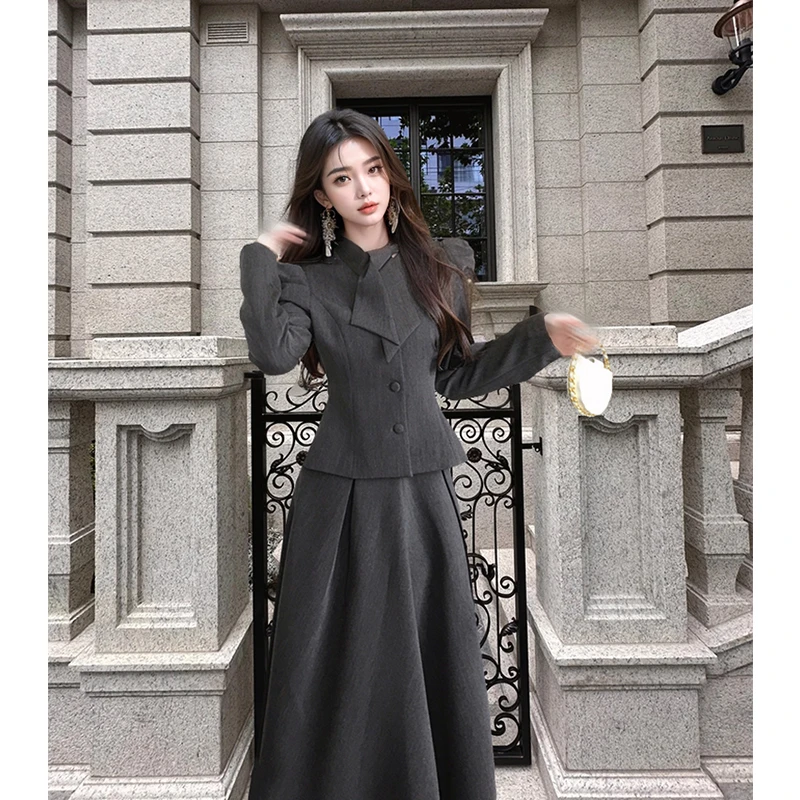 法式千金风套装女高级感单排扣长袖西装外套高腰长裙子两件套秋装