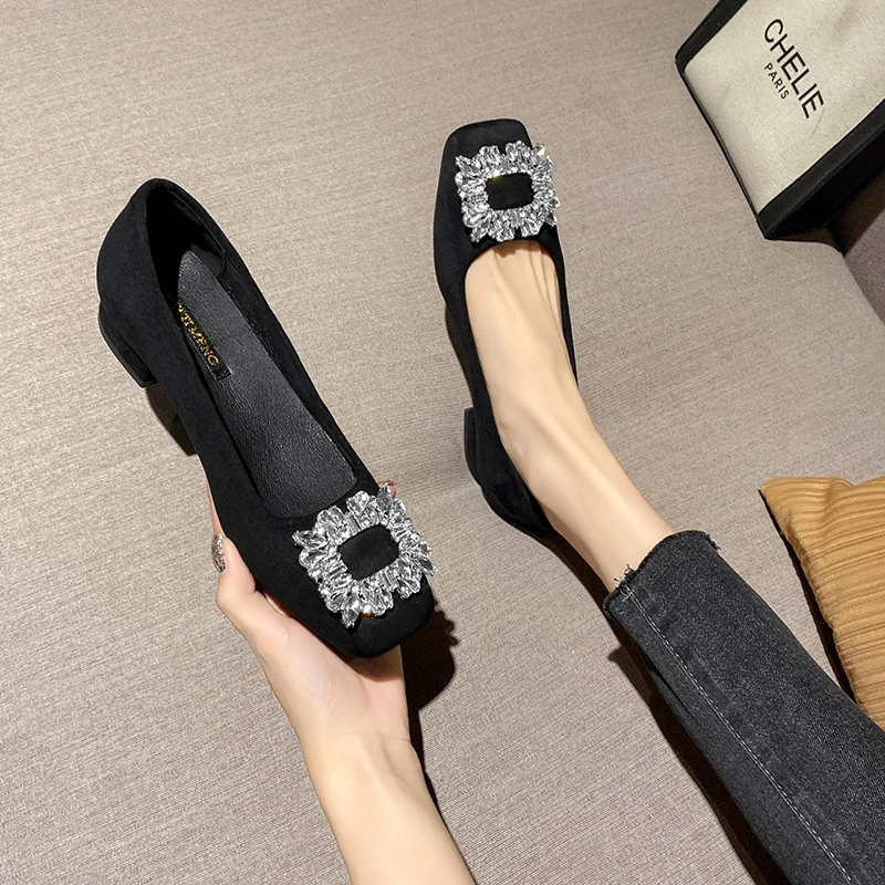 2024新款水钻加绒方头单鞋时尚百搭绒面女跟鞋粗跟软底黑色平底