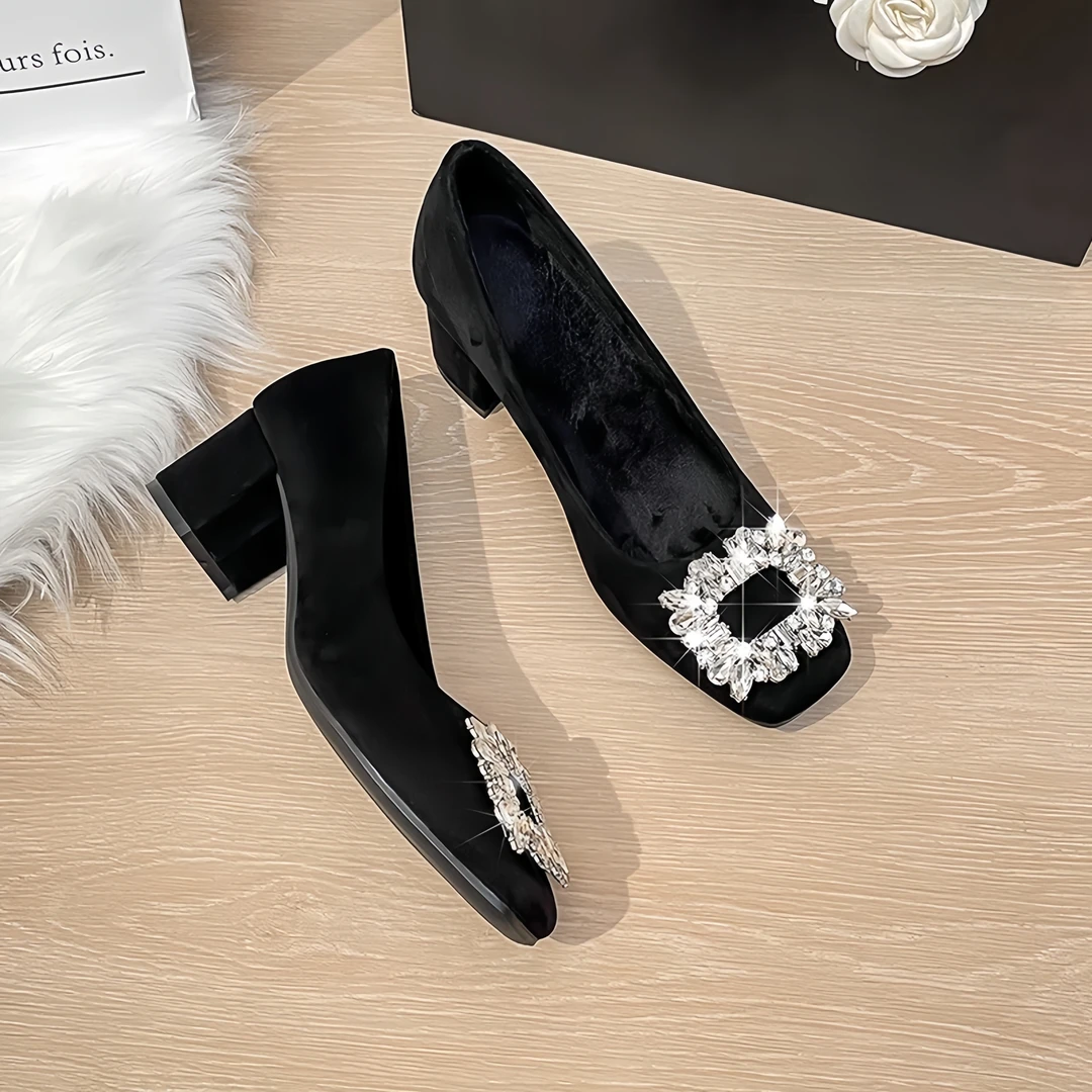 黑色绒面通勤高跟鞋女2024年秋冬新款方头粗跟浅口水钻职业单鞋女