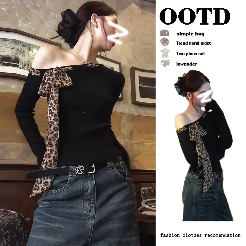 美式复古豹纹蝴蝶结斜肩长袖T恤女早秋辣妹修身内搭打底针织上衣