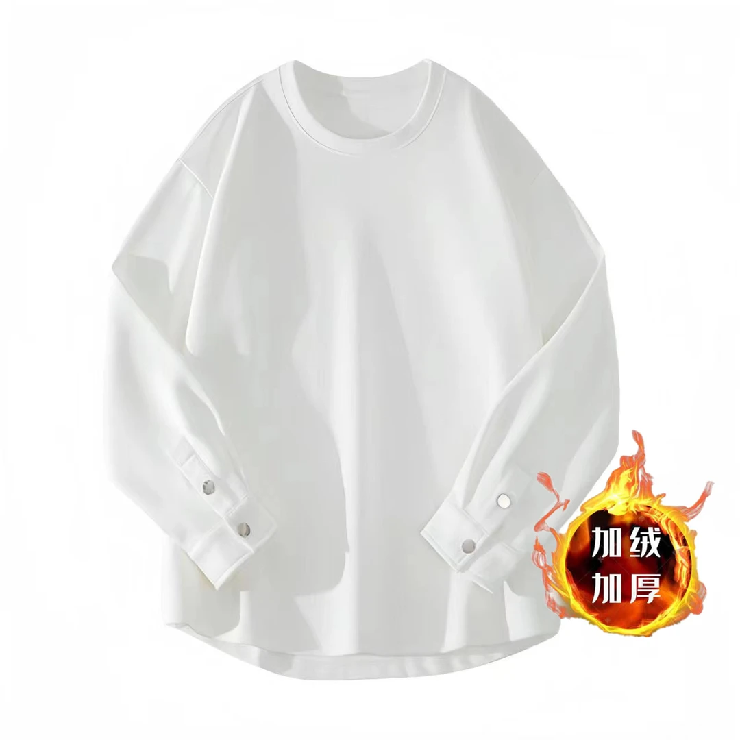 男士圆领长袖白色百搭加绒新款下摆开叉圆领长袖纯色休闲宽松韩版