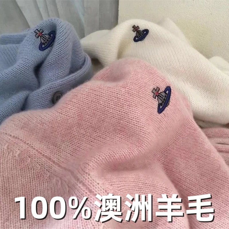 100%纯羊毛开衫女秋冬新款日系潮牌圆领宽松针织衫外搭刺绣外套潮