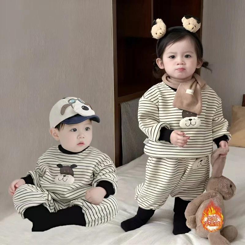 儿童加绒条纹韩版套装男宝女宝保暖套装一体绒