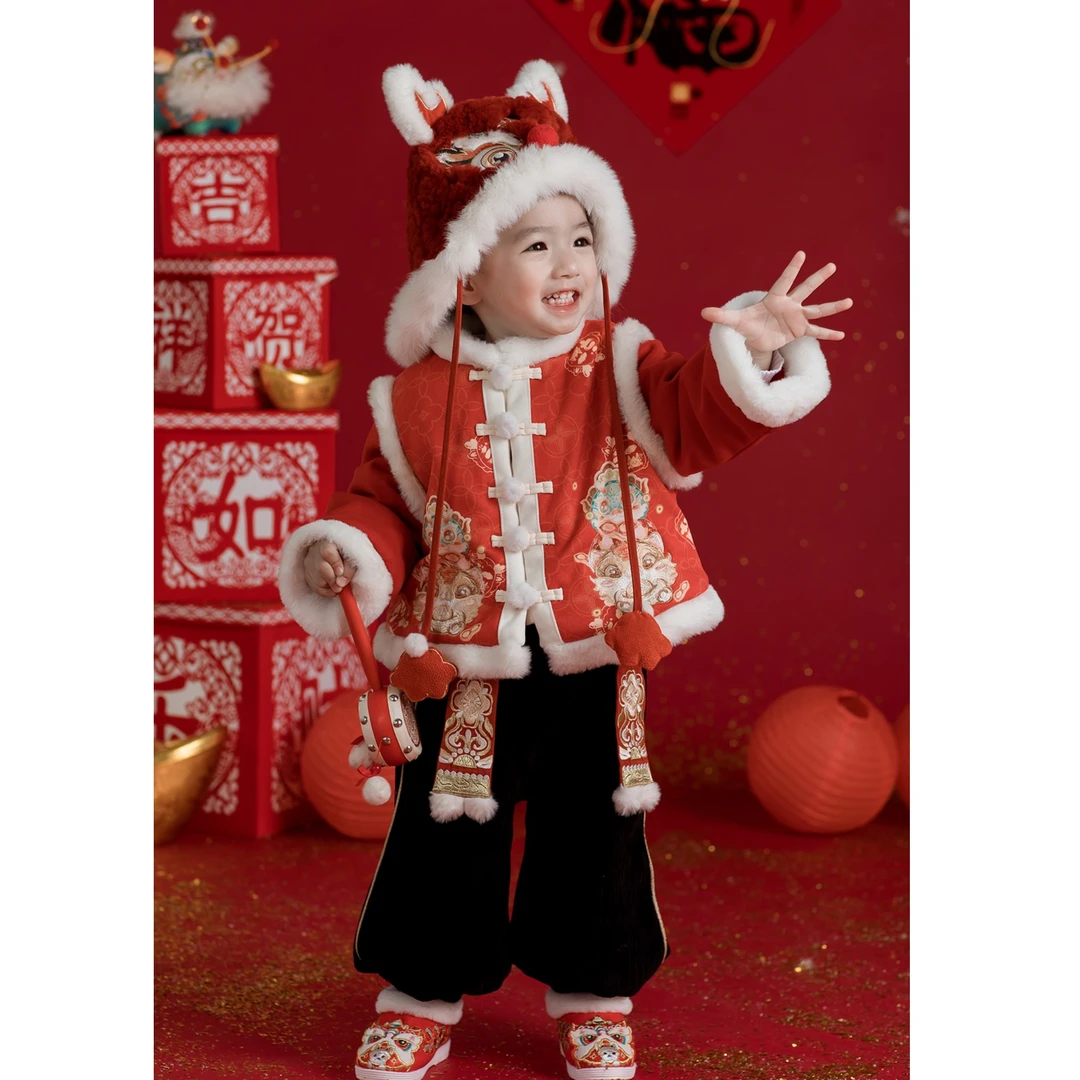 【小神龙】汉服男童拜年服2024新款冬款古装加绒唐装新年喜庆过年服