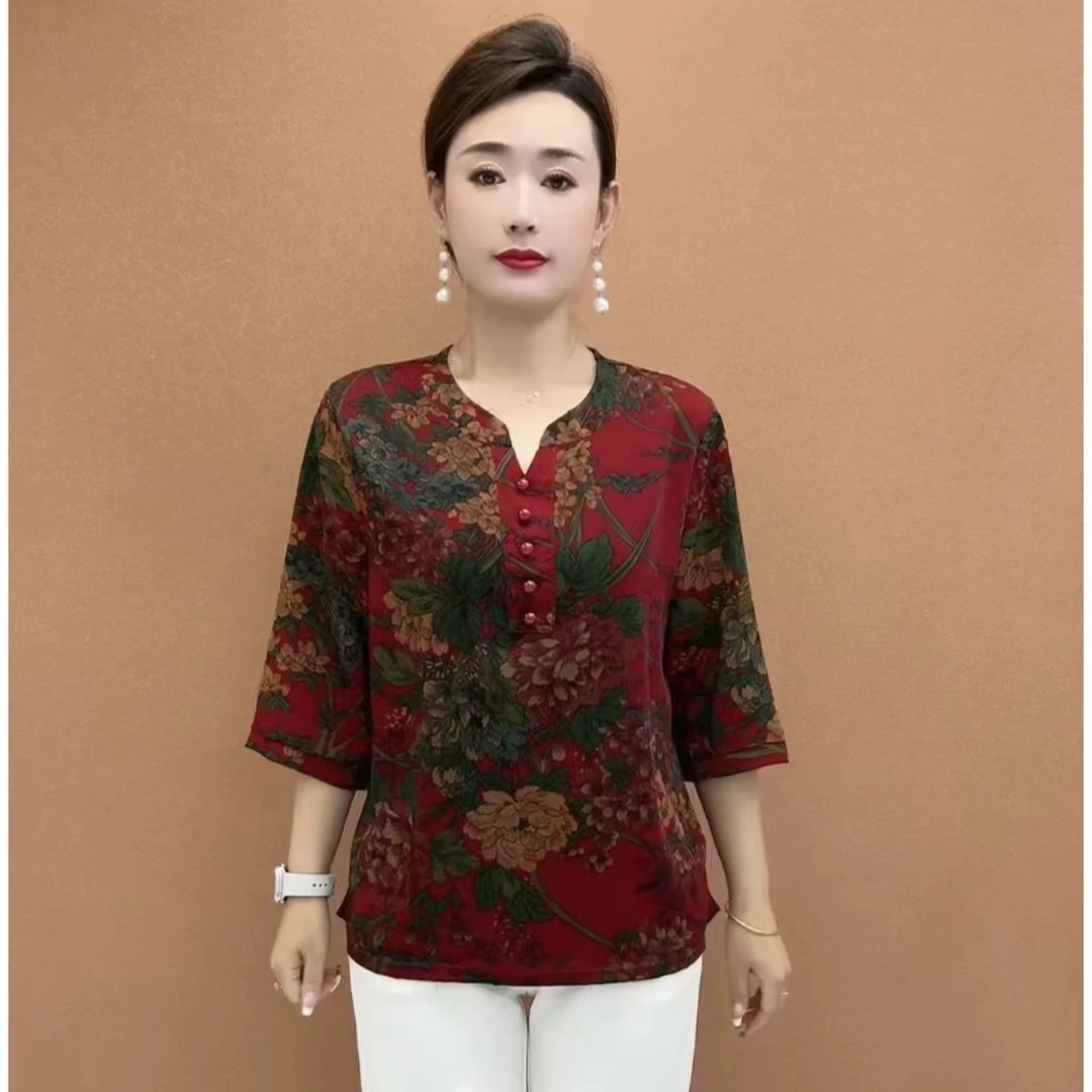 妈妈装中袖夏季上衣中老年高档新款气质百搭显瘦宽松小衫减龄