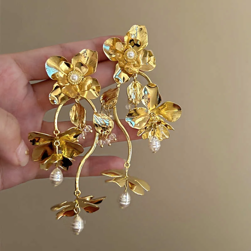 超仙新中式金色立体花朵流苏耳环复古轻奢亮片耳坠女夸张耳饰