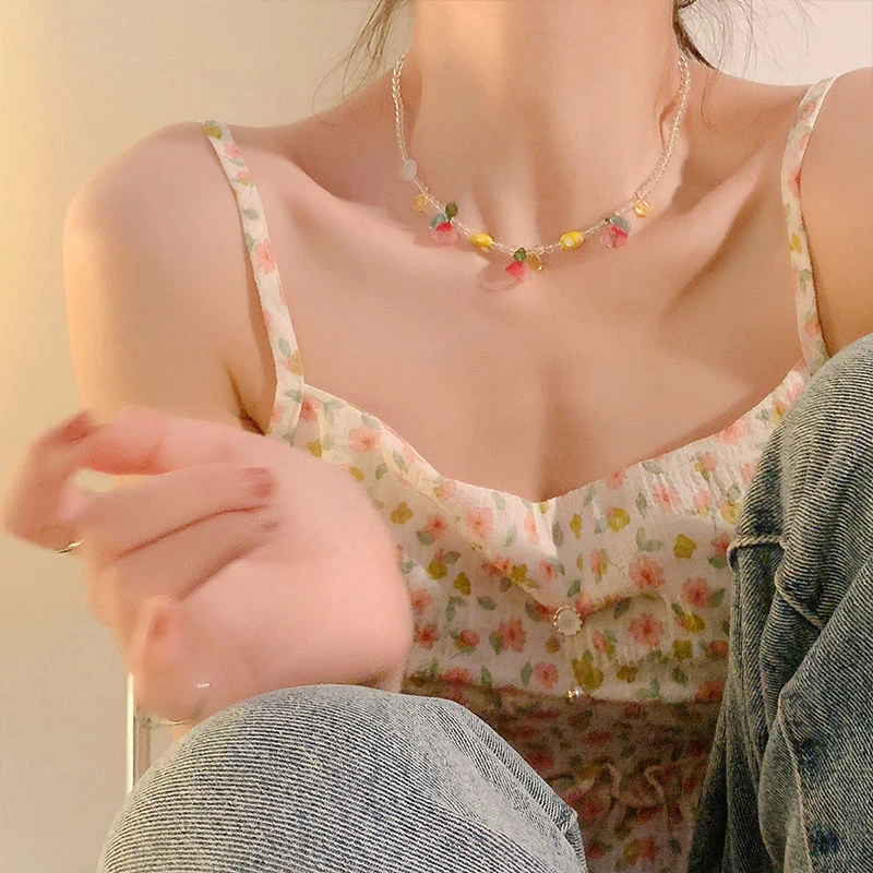 夏季清凉~郁金香彩色花朵水晶串珠项链ins少女甜美锁骨链颈链配饰