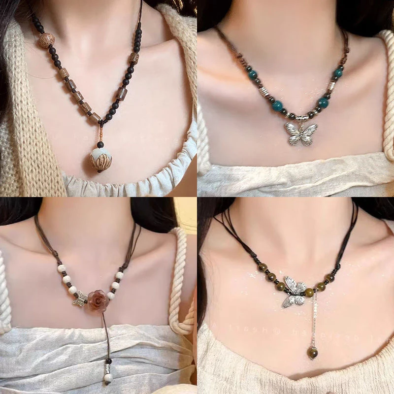 国风禅意~古风木珠白玉菩提项链女复古小众设计长款新中式项链