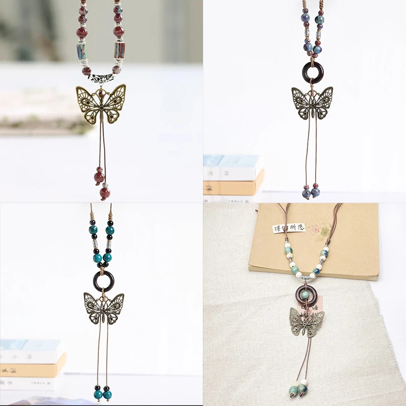 新中式复古民族风蝴蝶串珠编织项链长款毛衣链锁骨链文艺古风配饰