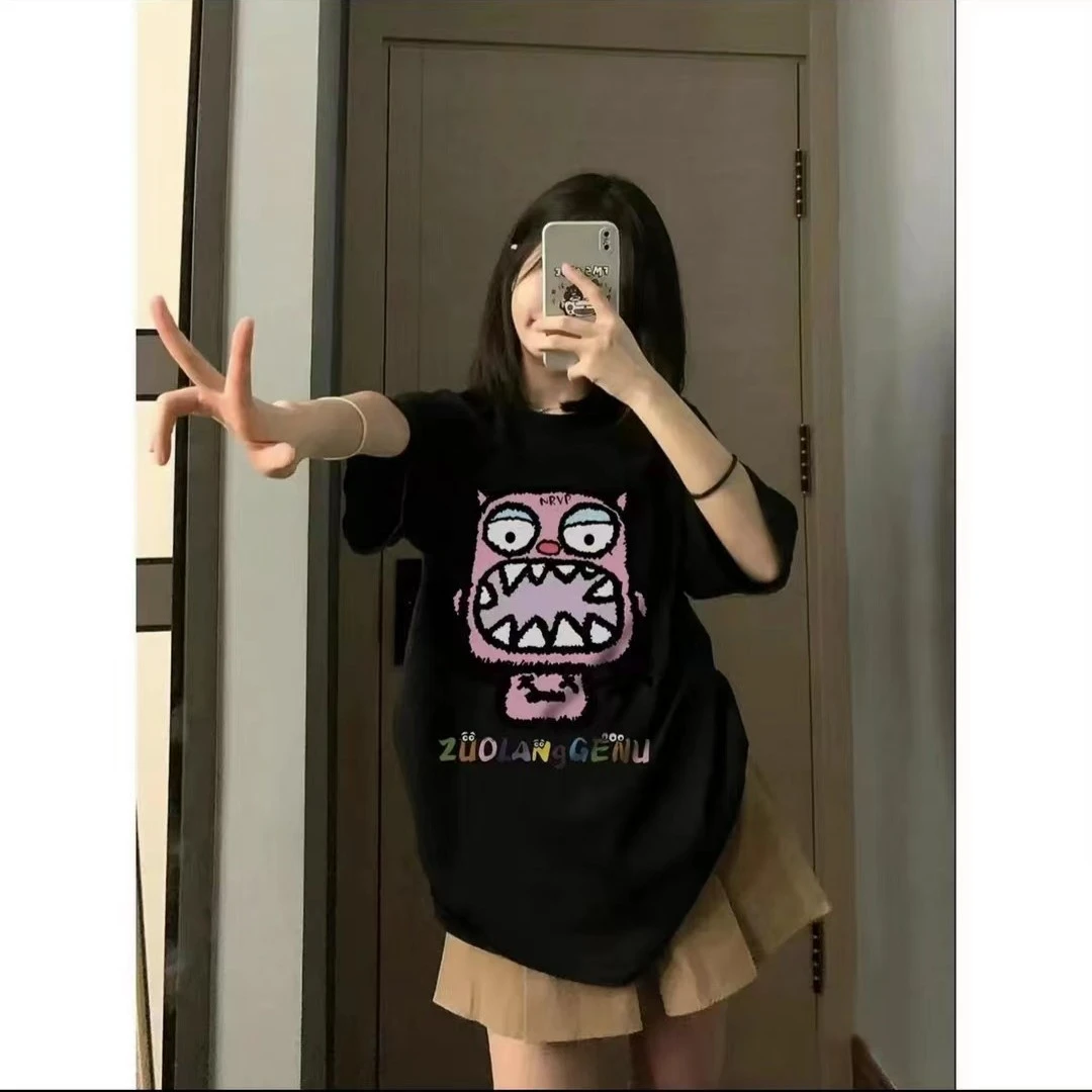 短袖t恤女夏季趣味搞怪印花纯棉女2023新款慵懒风学生上衣ins潮猫