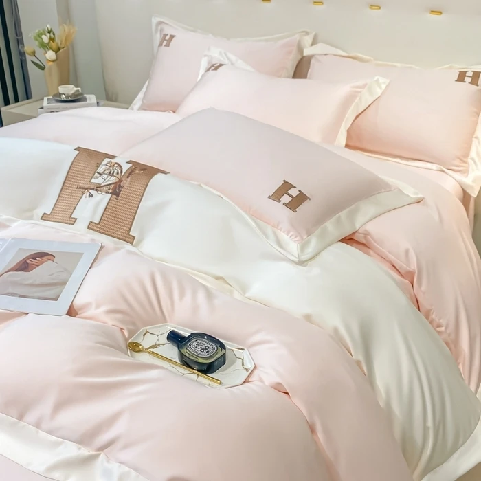 100支雪莲冰丝四件套丝滑纯色简约爱马H公主风绣花轻奢高档床品