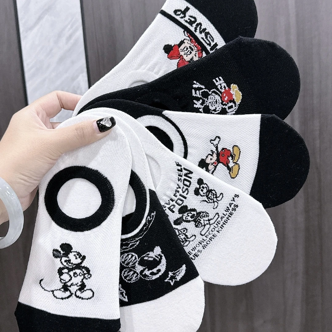 春夏超薄浅口低帮烫印米奇米妮短袜纯棉短筒卡通动漫隐形船袜夏季