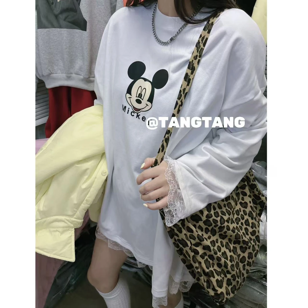 【米奇蕾丝边打底】東room冬季新款韩版百搭米奇宽松版磨毛加绒T恤