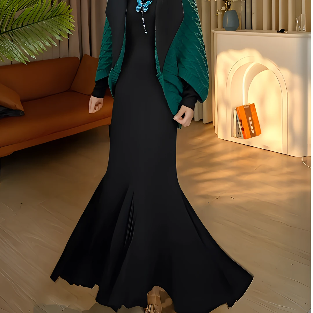 步步生莲长袖鱼尾连衣裙秋季性感法式显瘦气质修身名媛包臀长裙子