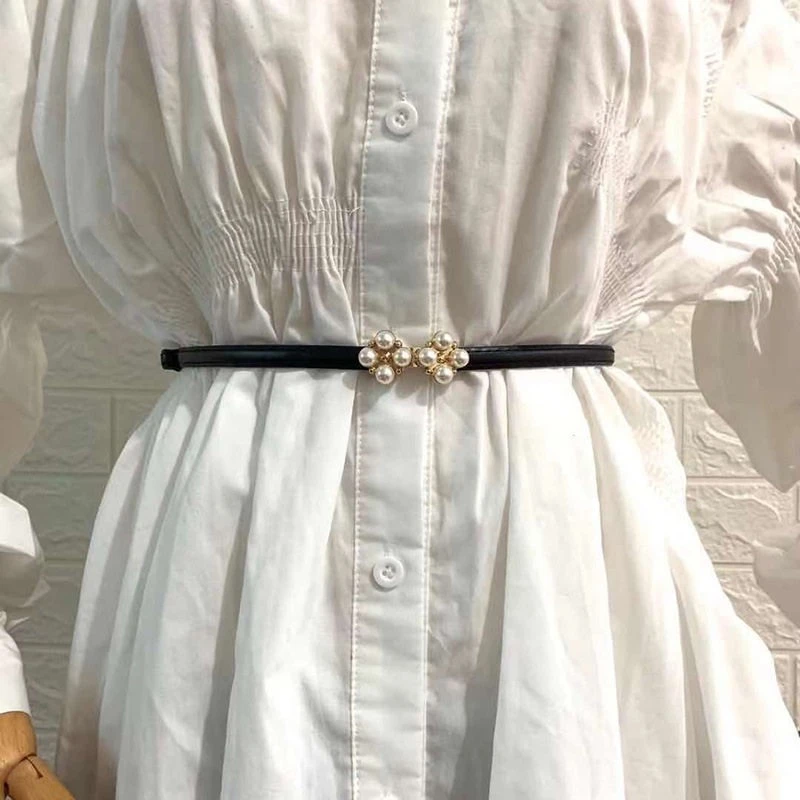 挂钩无孔新款珍珠皮带女士装饰连衣裙子时尚腰带裤带牛皮细窄1cm