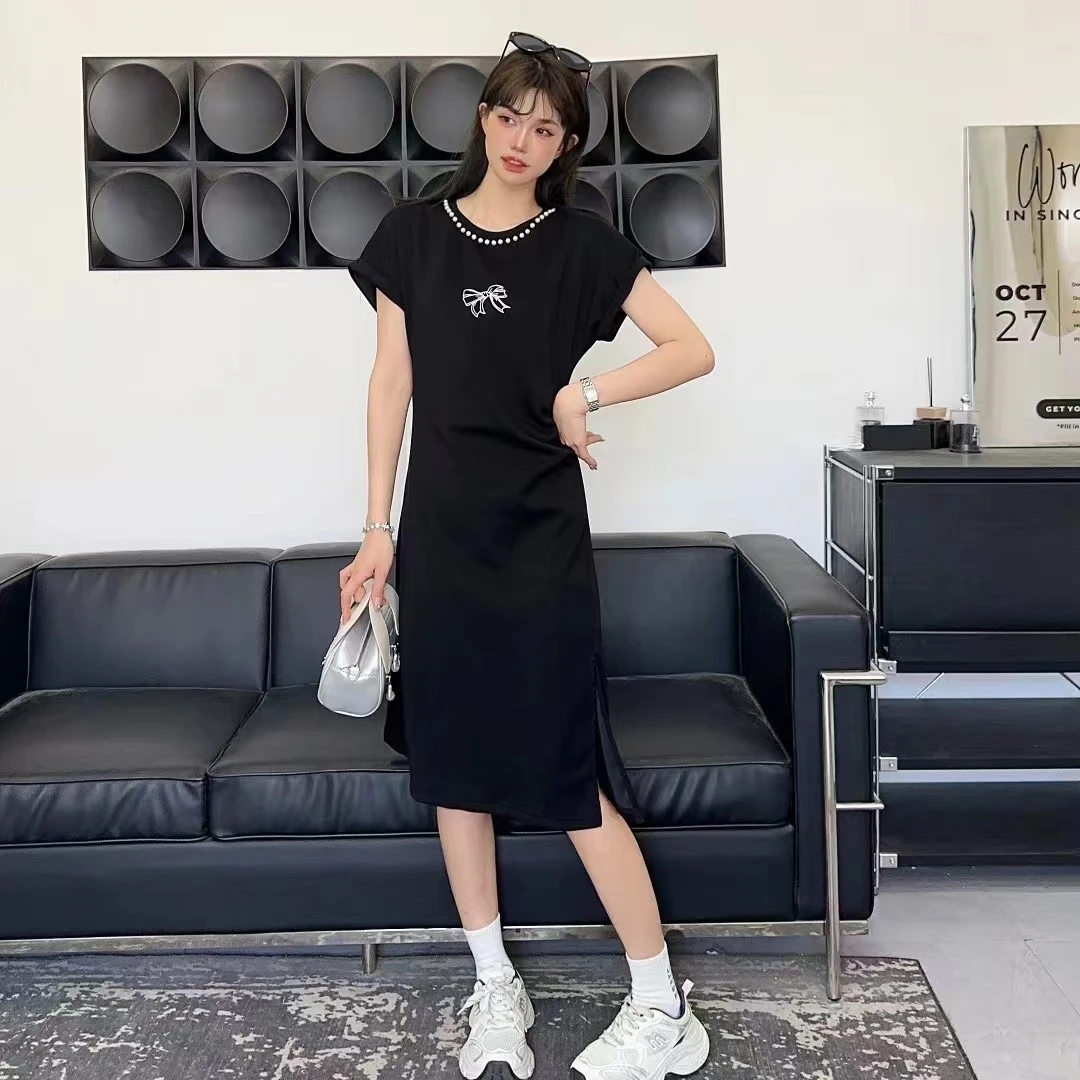 夏季珍珠领蝴蝶结空气层捏褶显瘦开叉长裙#7197