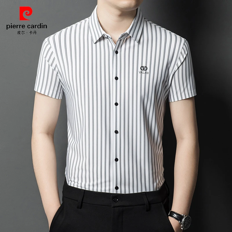 皮尔卡丹夏季男士休闲冰丝短袖衬衫高品质竖条纹衬衫修身商务衬衣