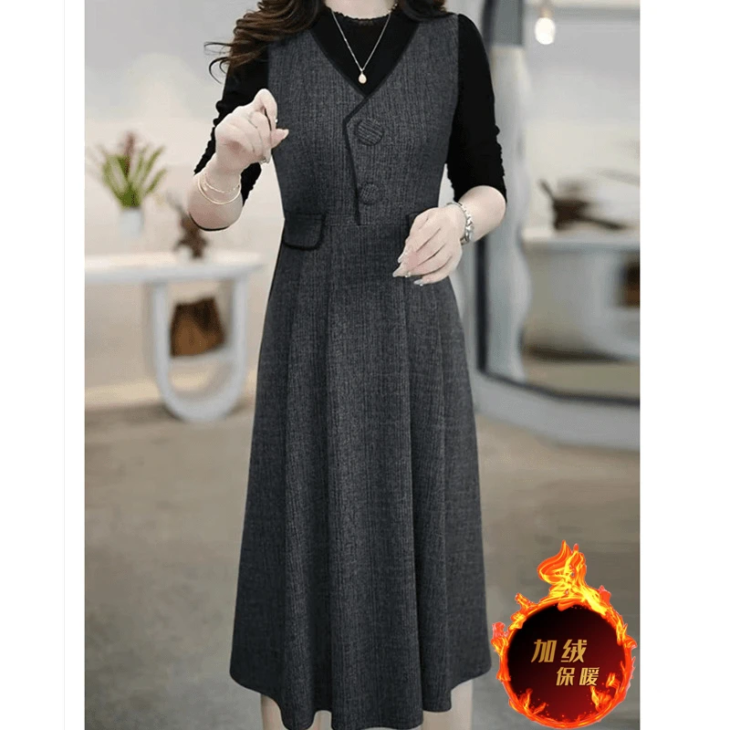 春秋季新款长袖加绒连衣裙减龄遮肉显瘦洋气灰色时尚复古收腰