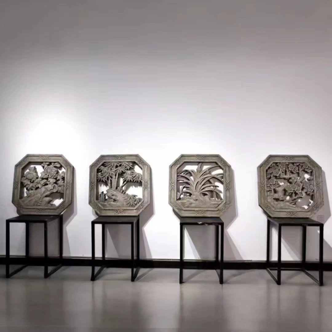 梅兰竹菊石窗：青石材质80/80/5复古雕刻