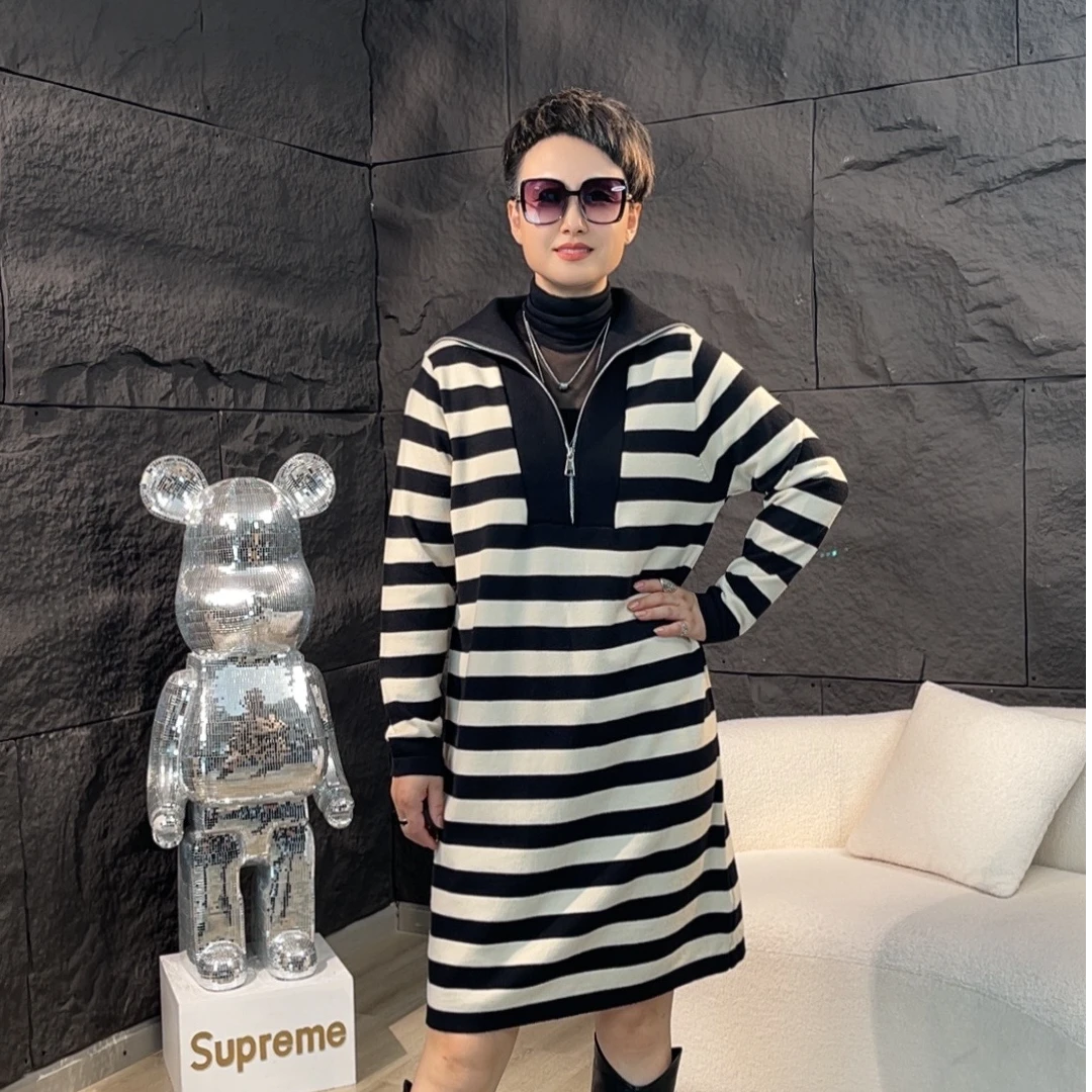 条纹连衣裙2024秋冬设计感高级洋气时尚百搭显瘦拉链立领连衣裙