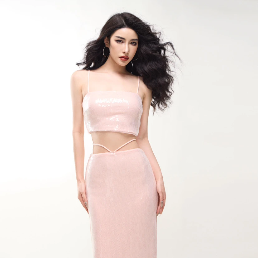 BEERUS【分体人鱼姬】重工水晶珠片裸粉分体两件套性感时尚套装裙