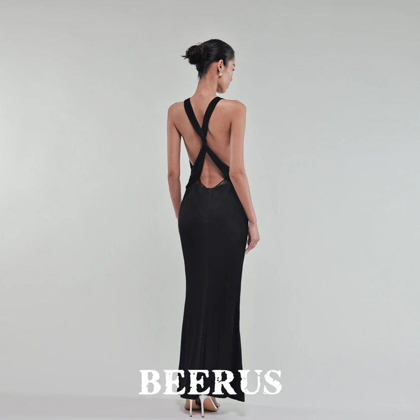 BEERUS【维纳斯】设计师法式性感轻奢高弹露背蕾丝荡领长款连衣裙