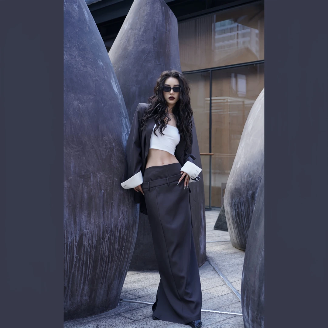 BEERUS【缅甸因】oversize感西装外套不规则低腰半裙两件套时尚套装