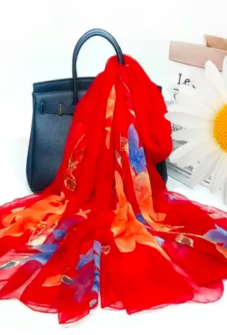 时尚百搭红色玉兰花丝巾140*180围巾长款印花高档女士春夏保暖