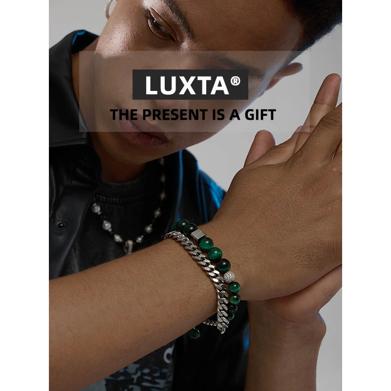 LUXTA 钛钢手链 原创虎眼石古巴链双层手链 男女嘻哈潮牌小众可调