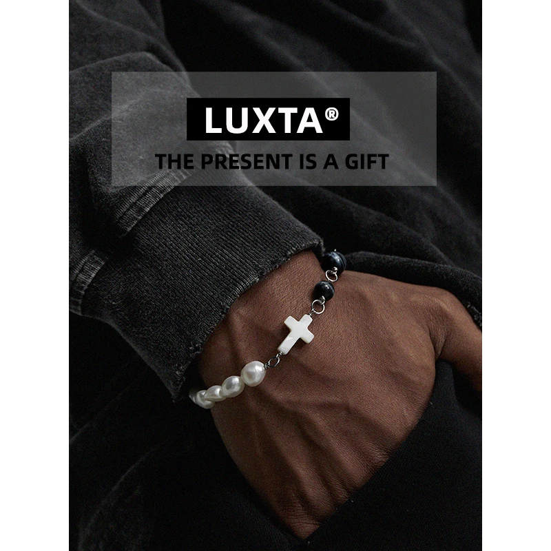 LUXTA 钛钢手链 原创黑色虎眼石巴洛克十字架拼接手链 长度可调节