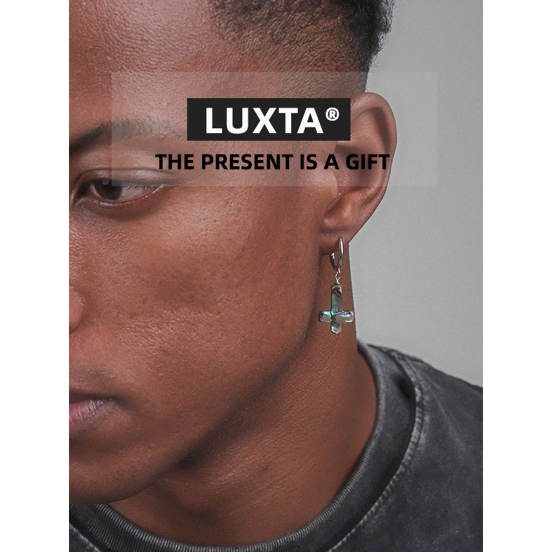 LUXTA 925银耳饰 原创纯银母贝逆十字耳坠嘻哈男 气质欧美冷淡风