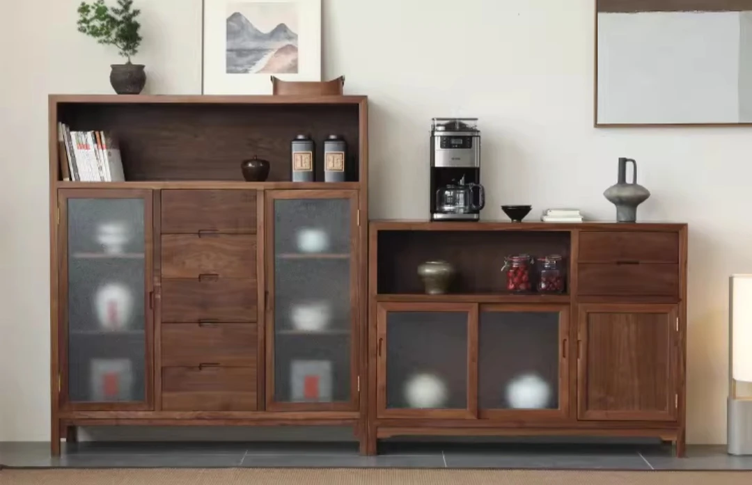 黑胡桃木餐边柜现代简约实木储物柜收纳柜家用客厅展示柜餐厅酒柜