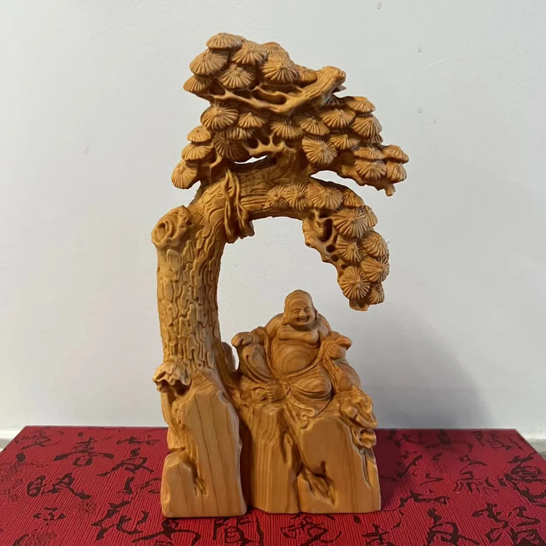【木质黄杨木雕刻人物松下笑佛】福龘画院精品精选木质雕刻摆件
