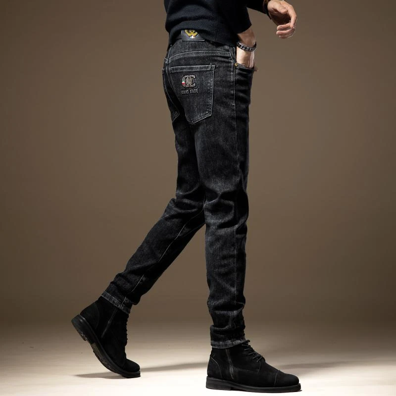 欧美高端潮牌黑灰色男士牛仔裤秋冬新款弹力修身小脚休闲长裤子男
