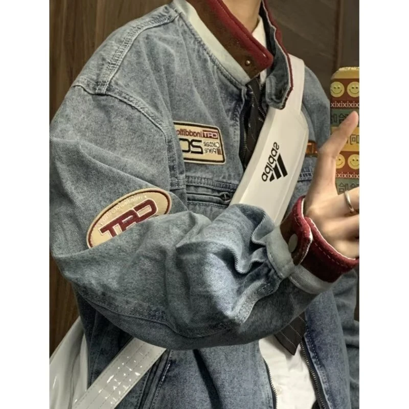 高街风复古撞色牛仔外套男生新款美式痞帅潮牌宽松立领棒球服夹克